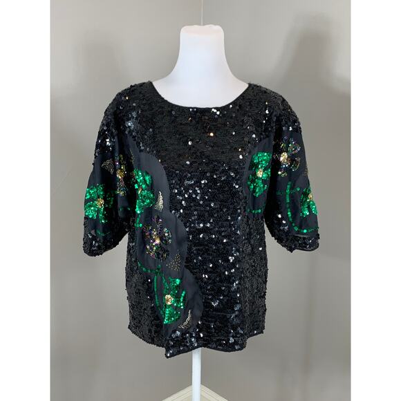 Vintage Green Black Sequin Top Cocktail Night Holiday Party Christmas Indie Alt - Picture 2 of 9
